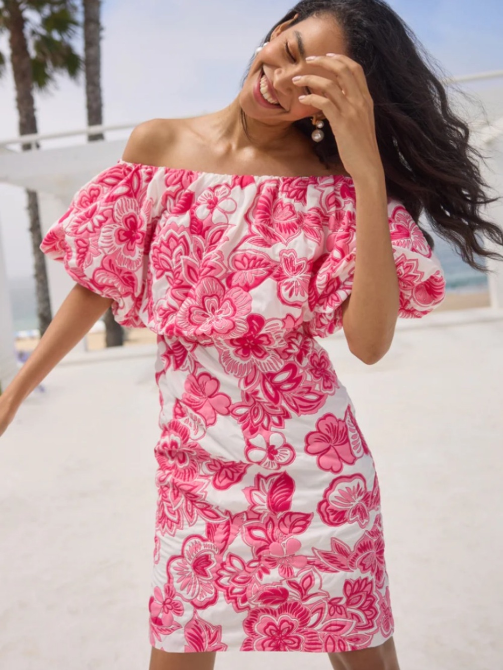 Trina Turk White and Pink Floral Off-Shoulder Ruffle Dress